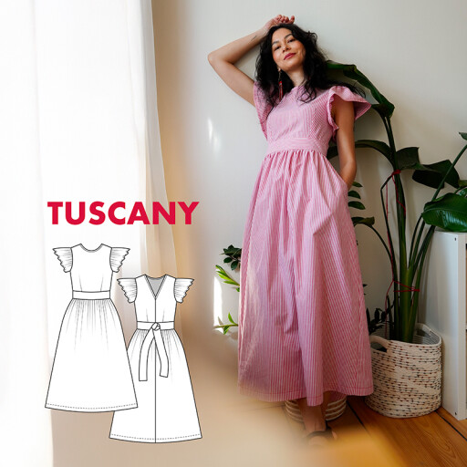 Střih – dámské maxi šaty s volánovými rukávy TUSCANY (velikosti 32–60)