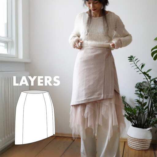 Střih - dámská vrchní zavinovací pouzdrová sukně s asymetrickým lemem LAYERS (velikosti 32–60)
