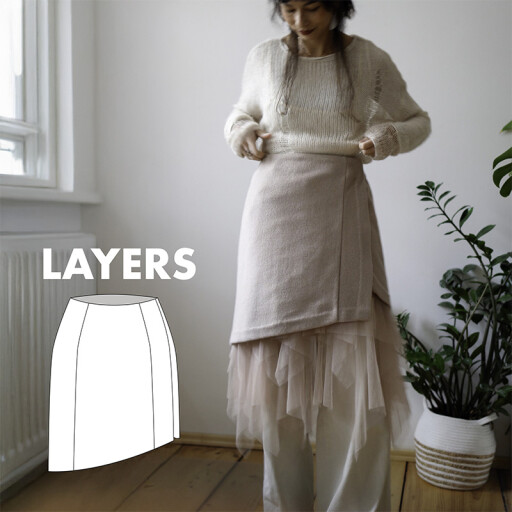 Střih - dámská vrchní zavinovací pouzdrová sukně s asymetrickým lemem LAYERS (velikosti 32–60)