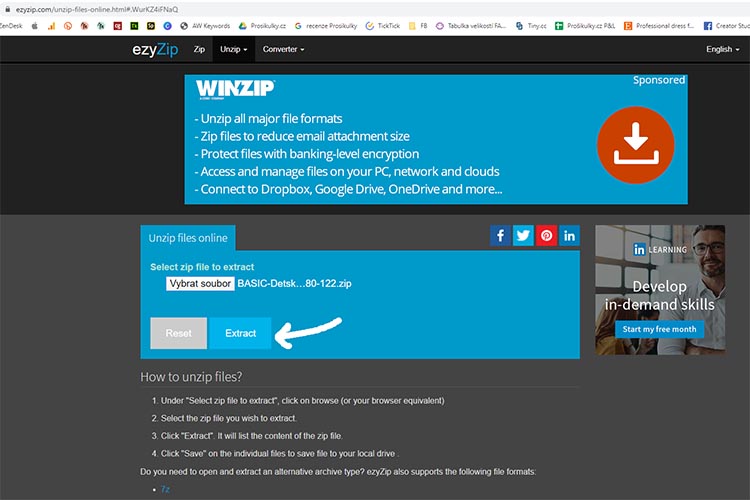 Jak otevřít soubor "zip" v online programu