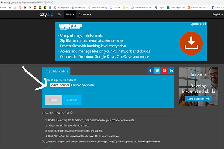 Jak otevřít soubor "zip" v online programu
