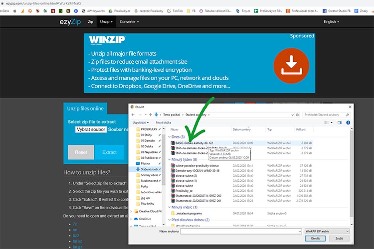 Jak otevřít soubor "zip" v online programu